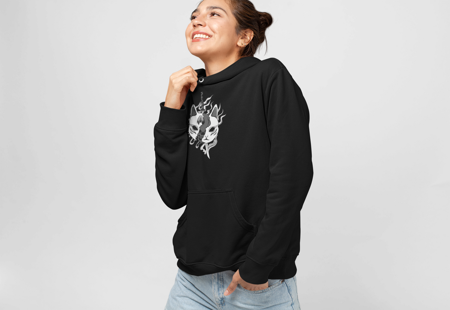 Kitsune Mask Black and White Graphic Hoodie